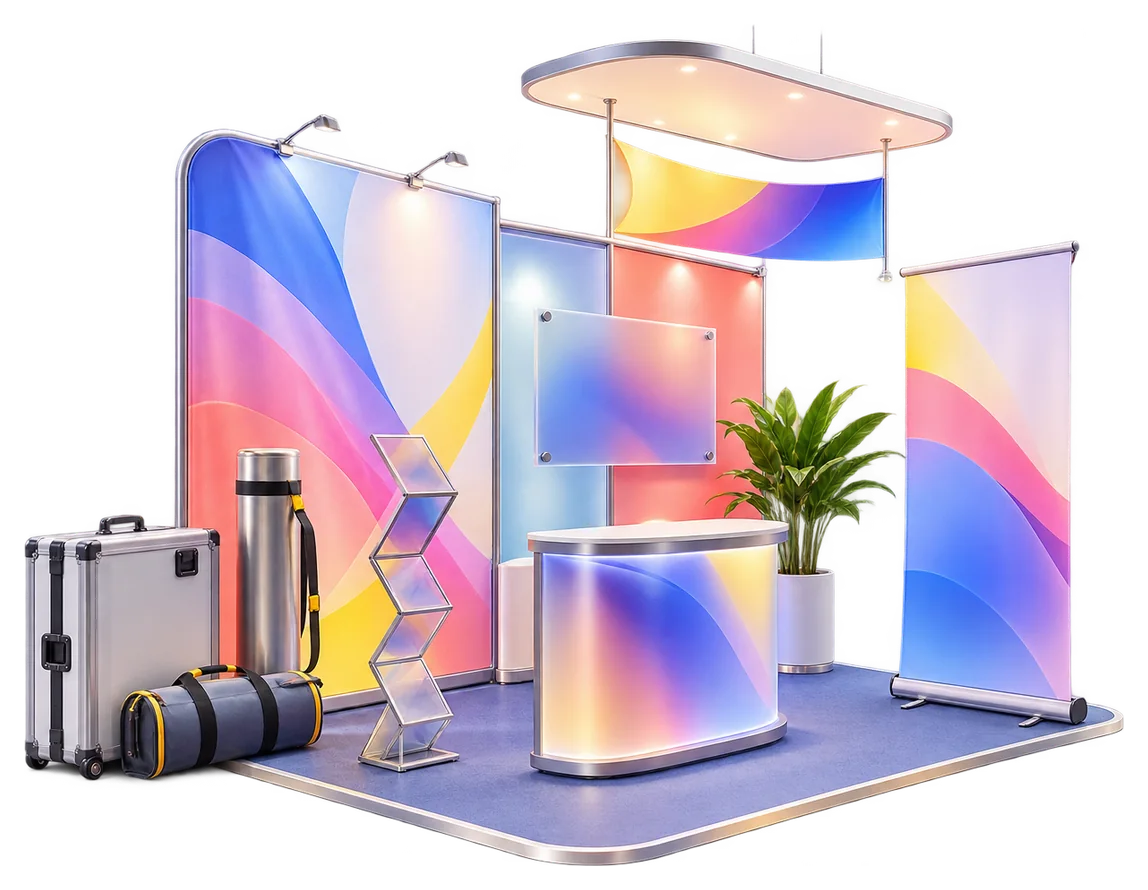 Премиум 3D изложбен комплект с модулен щанд, roll-up дисплеи, плот и транспортни елементи